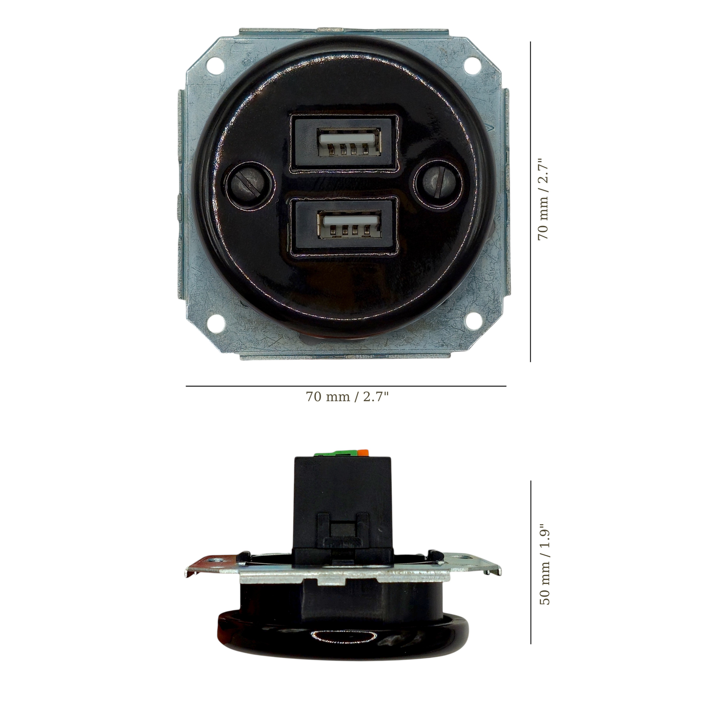 Black porcelain USB-A charging socket insert, flush-mounted, measurements