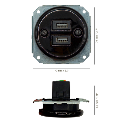 Black porcelain USB-A charging socket insert, flush-mounted, measurements