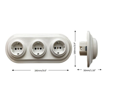 Triple Power Socket Porcelain Loft Retro Electrical German Schuko Flush-Mounting Vintage Cottage Ceramic White
