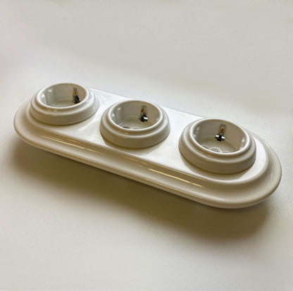 Triple Power Socket Porcelain Loft Retro Electrical German Schuko Flush-Mounting Vintage Cottage Ceramic White