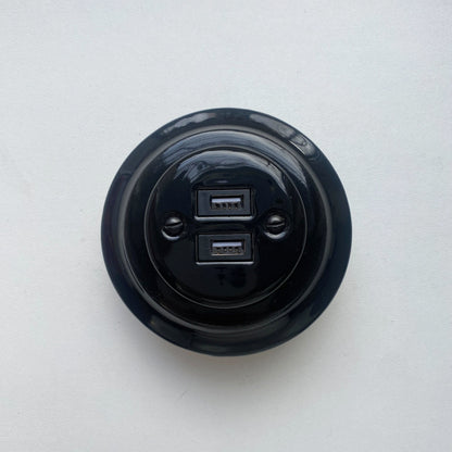 Porcelain Loft Retro Electrical USB Charging Socket Flush-Mounting Vintage Cottage Ceramic Black