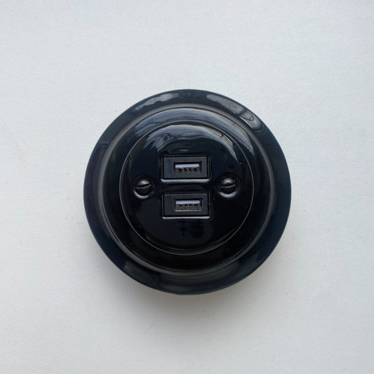 Porcelain Loft Retro Electrical USB Charging Socket Flush-Mounting Vintage Cottage Ceramic Black