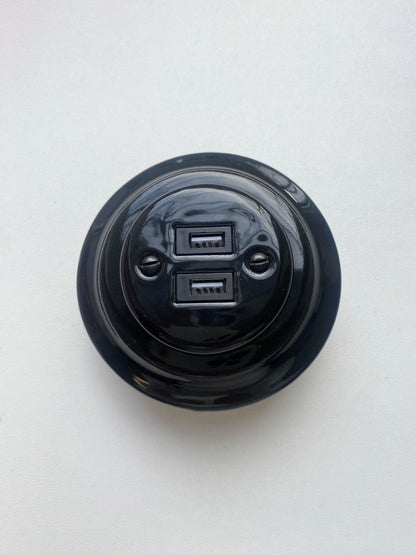Porcelain Loft Retro Electrical USB Charging Socket Flush-Mounting Vintage Cottage Ceramic Black