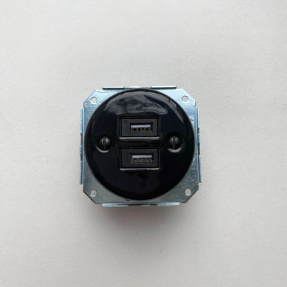 Power Socket Insert Porcelain Loft Retro USB Charging Socket Flush-Mounting Vintage Cottage Ceramic Black