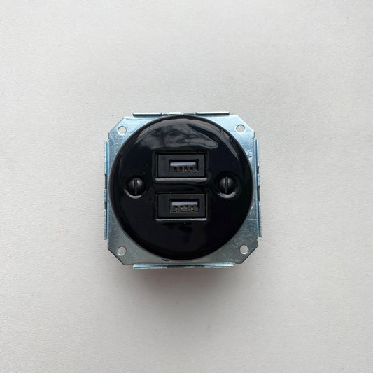 Power Socket Insert Porcelain Loft Retro USB Charging Socket Flush-Mounting Vintage Cottage Ceramic Black