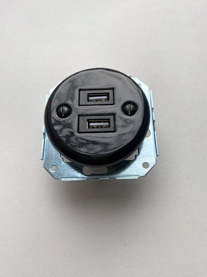 Power Socket Insert Porcelain Loft Retro USB Charging Socket Flush-Mounting Vintage Cottage Ceramic Black