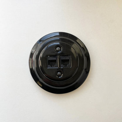 Porcelain Loft Retro Electrical Network CAT.5E Socket RJ45 Flush-Mounting Vintage Cottage Ceramic Black
