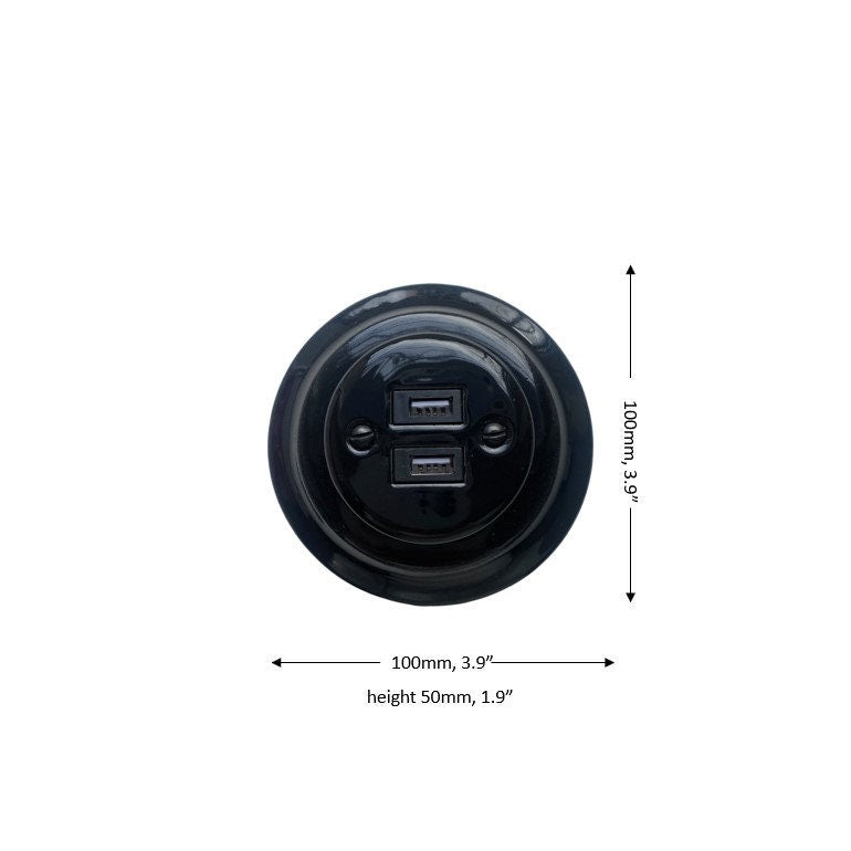 Porcelain Loft Retro Electrical USB Charging Socket Flush-Mounting Vintage Cottage Ceramic Black