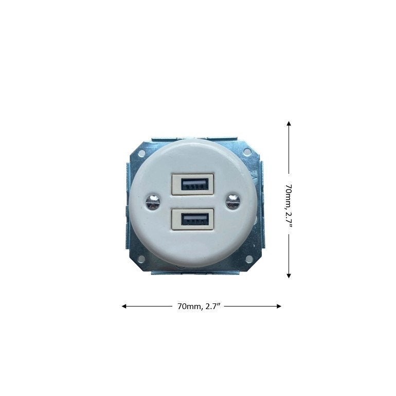 Power Socket Insert Porcelain Loft Retro USB Charging Socket Flush-Mounting Vintage Cottage Ceramic White