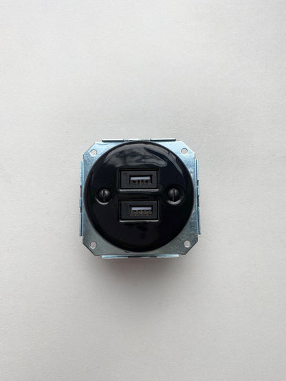 Power Socket Insert Porcelain Loft Retro USB Charging Socket Flush-Mounting Vintage Cottage Ceramic Black