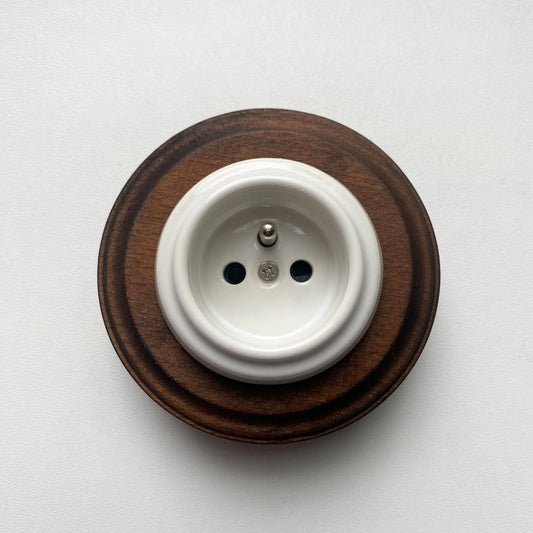 Wooden French Power Socket Porcelain Loft Retro Electrical Flush-Mounting Vintage Cottage Ceramic Dark Brown With White