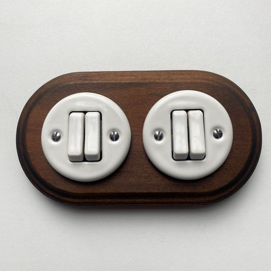 Wooden Frame Double Porcelain Light Switch Loft Retro 2-gang Two-way Flush-Mounting Vintage Cottage Ceramic Dark Brown With White