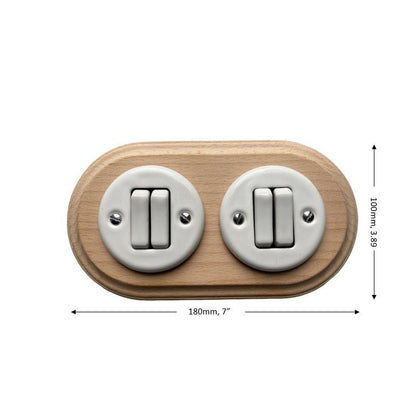 Wooden Frame Double Porcelain Light Switch Loft Retro 2-gang Two-way Flush-Mounting Vintage Cottage Ceramic Natural Beige With White