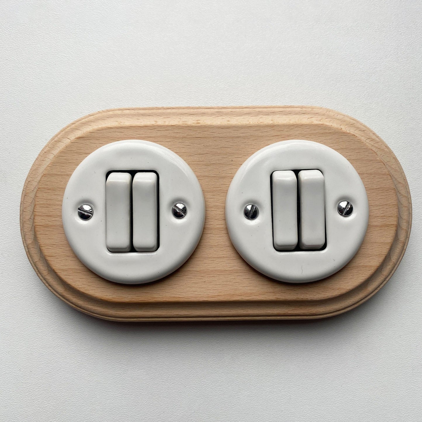 Wooden Frame Double Porcelain Light Switch Loft Retro 2-gang Two-way Flush-Mounting Vintage Cottage Ceramic Natural Beige With White