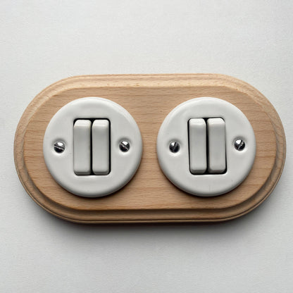 Wooden Frame Double Porcelain Light Switch Loft Retro 2-gang Two-way Flush-Mounting Vintage Cottage Ceramic Natural Beige With White
