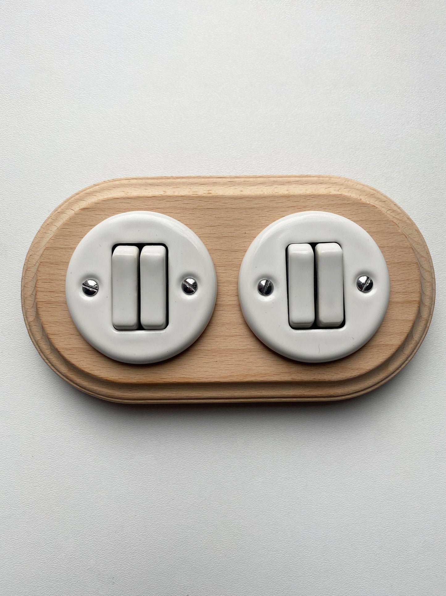 Wooden Frame Double Porcelain Light Switch Loft Retro 2-gang Two-way Flush-Mounting Vintage Cottage Ceramic Natural Beige With White