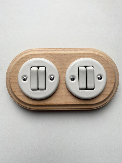 Wooden Frame Double Porcelain Light Switch Loft Retro 2-gang Two-way Flush-Mounting Vintage Cottage Ceramic Natural Beige With White