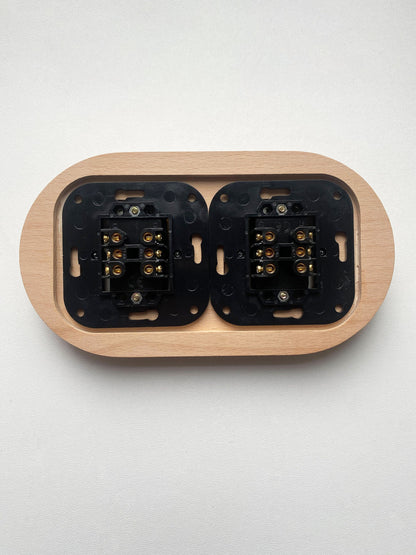 Wooden Frame Double Porcelain Light Switch Loft Retro 2-gang Two-way Flush-Mounting Vintage Cottage Ceramic Natural Beige With White