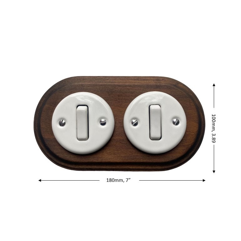 Wooden Frame Double Porcelain Light Switch Loft Retro 1-gang Two-way Flush-Mounting Vintage Cottage Ceramic Dark Brown With White