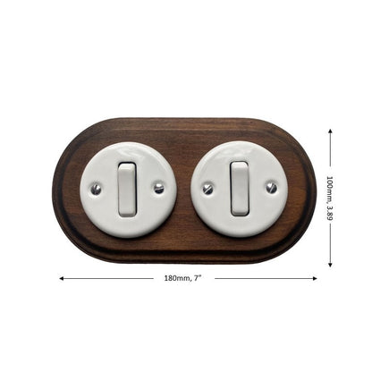 Wooden Frame Double Porcelain Light Switch Loft Retro 1-gang Two-way Flush-Mounting Vintage Cottage Ceramic Dark Brown With White