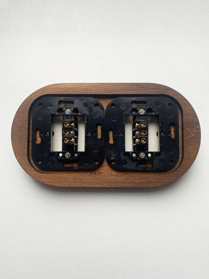 Wooden Frame Double Porcelain Light Switch Loft Retro 1-gang Two-way Flush-Mounting Vintage Cottage Ceramic Dark Brown With White