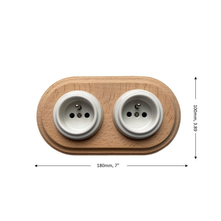 Wooden Frame Double French Power Socket Porcelain Loft Retro Electrical Flush-Mounting Vintage Cottage Ceramic Natural Beige With White