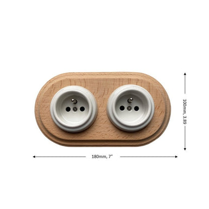 Wooden Frame Double French Power Socket Porcelain Loft Retro Electrical Flush-Mounting Vintage Cottage Ceramic Natural Beige With White