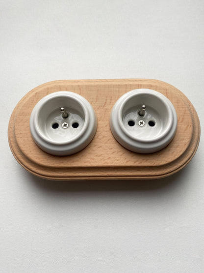 Wooden Frame Double French Power Socket Porcelain Loft Retro Electrical Flush-Mounting Vintage Cottage Ceramic Natural Beige With White