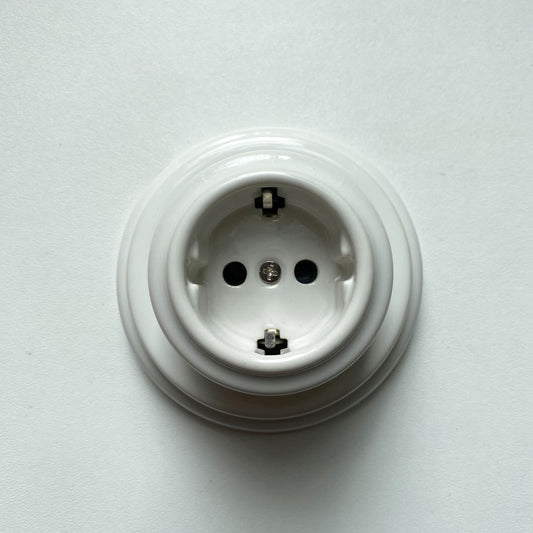 Surface-Mounting German Schuko Power Socket Porcelain Loft Retro Electrical Vintage Cottage Ceramic White
