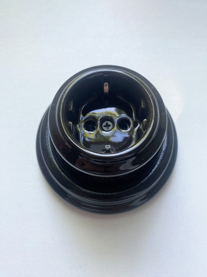 Surface-Mounting German Schuko Power Socket Porcelain Loft Retro Electrical Vintage Cottage Ceramic Black