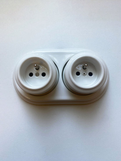 Surface-Mounting Double Frame French Schuko Power Socket Porcelain Loft Retro Electrical Vintage Cottage Ceramic White