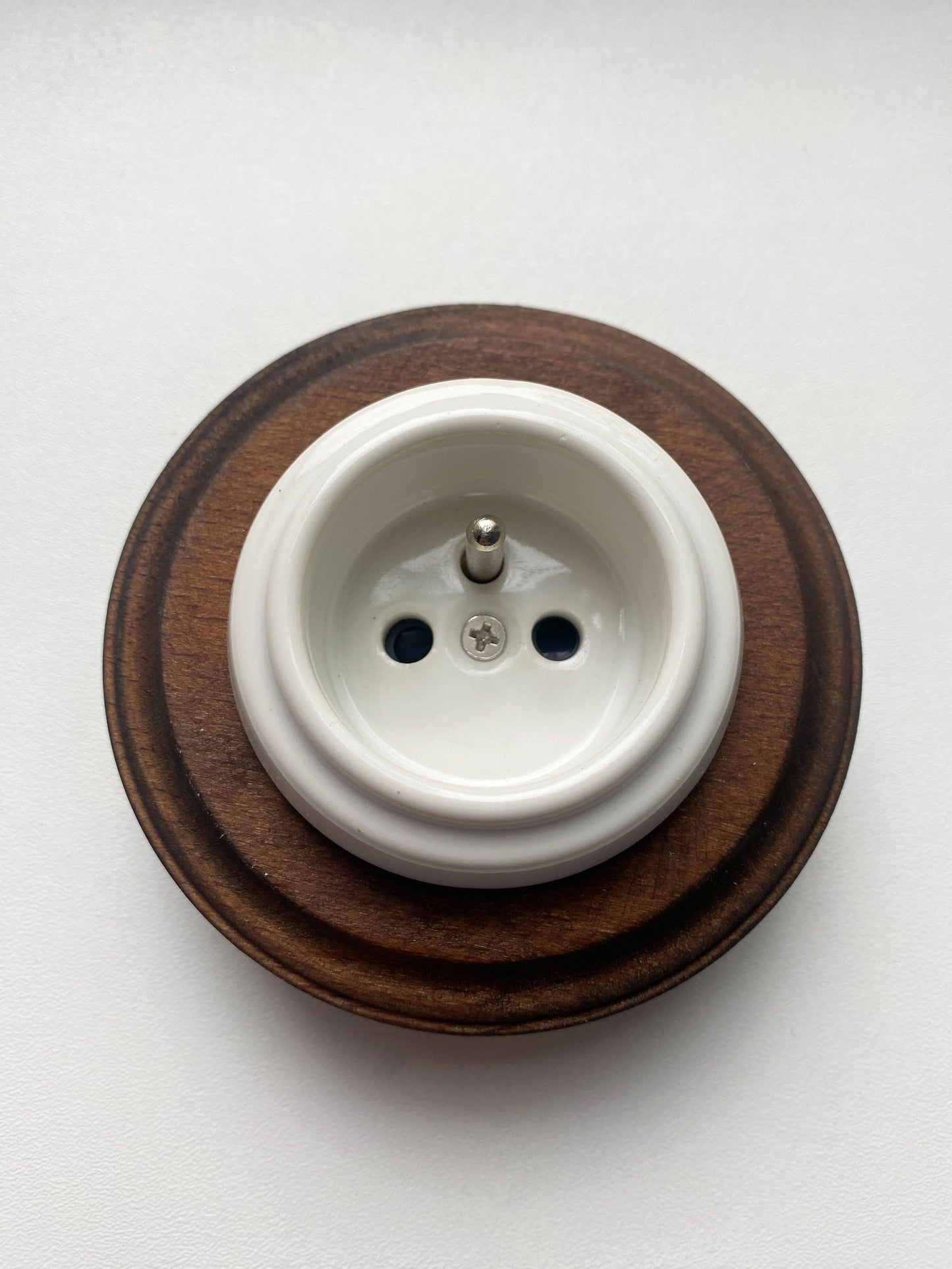 Wooden French Power Socket Porcelain Loft Retro Electrical Flush-Mounting Vintage Cottage Ceramic Dark Brown With White