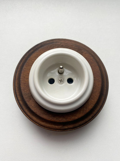 Wooden French Power Socket Porcelain Loft Retro Electrical Flush-Mounting Vintage Cottage Ceramic Dark Brown With White