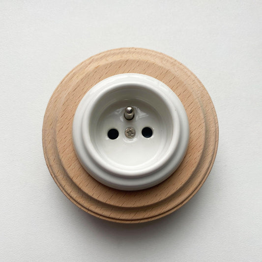 Wooden French Power Socket Porcelain Loft Retro Electrical Flush-Mounting Vintage Cottage Ceramic Natural Beige With White