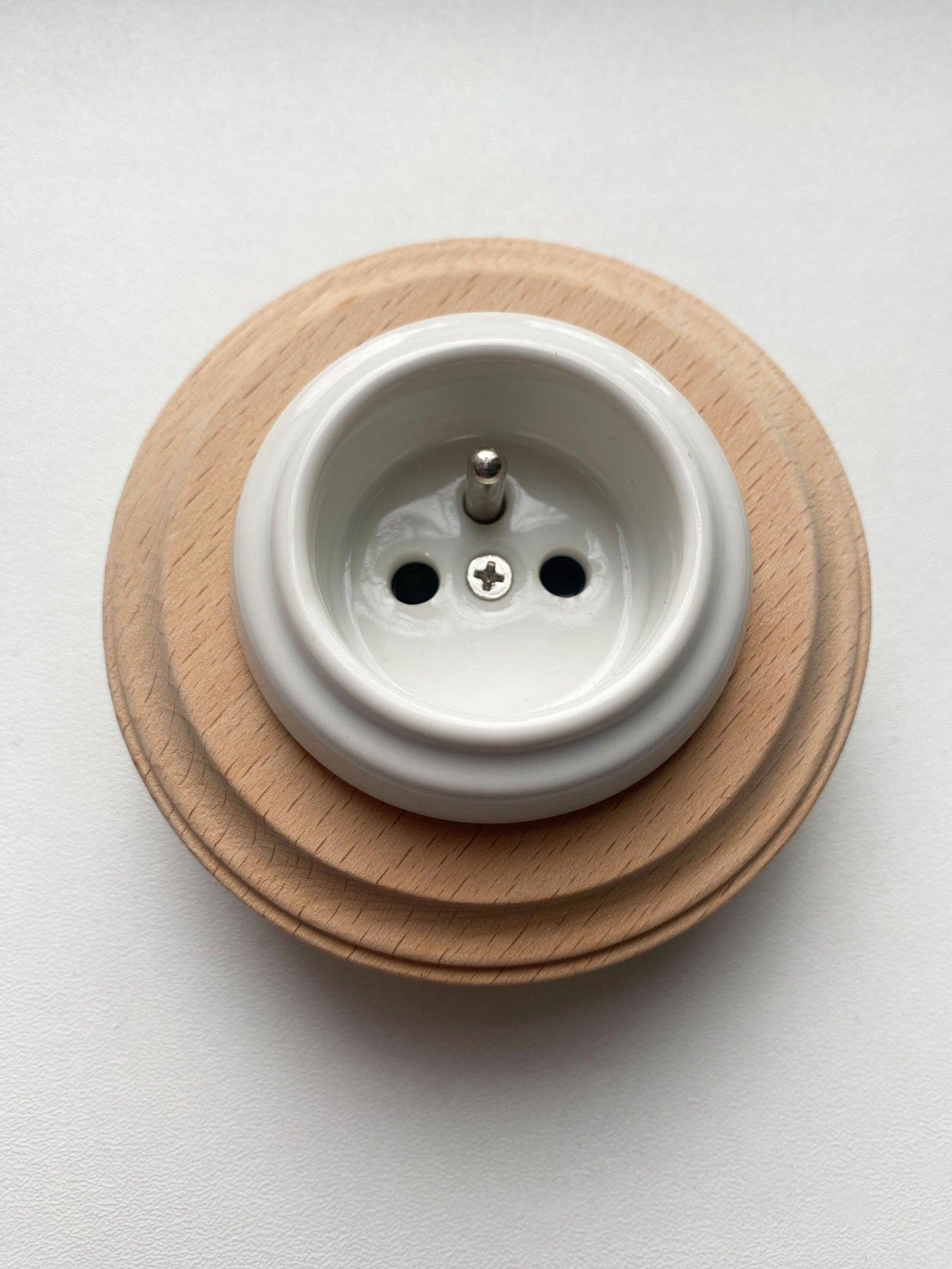 Wooden French Power Socket Porcelain Loft Retro Electrical Flush-Mounting Vintage Cottage Ceramic Natural Beige With White