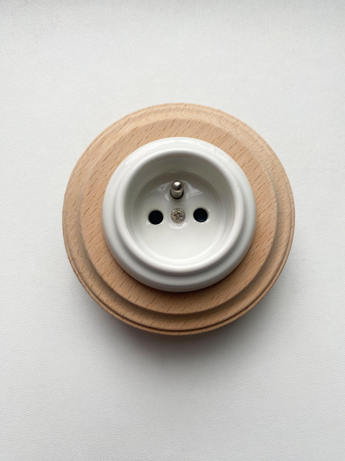 Wooden French Power Socket Porcelain Loft Retro Electrical Flush-Mounting Vintage Cottage Ceramic Natural Beige With White