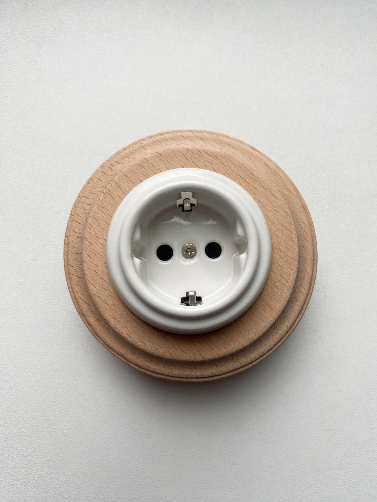 Wooden German Power Socket Porcelain Loft Retro Electrical Flush-Mounting Vintage Cottage Ceramic Natural Beige With White
