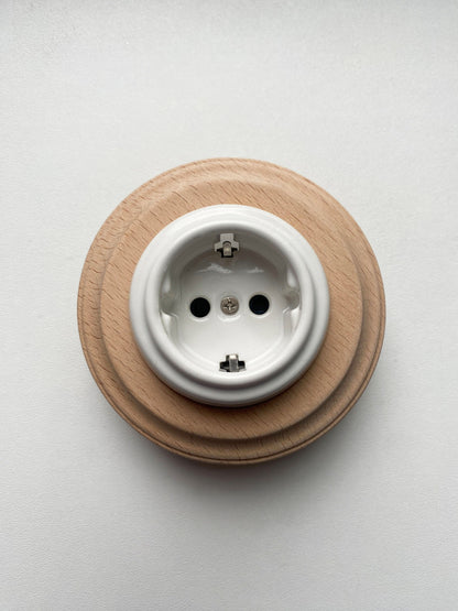 Wooden German Power Socket Porcelain Loft Retro Electrical Flush-Mounting Vintage Cottage Ceramic Natural Beige With White