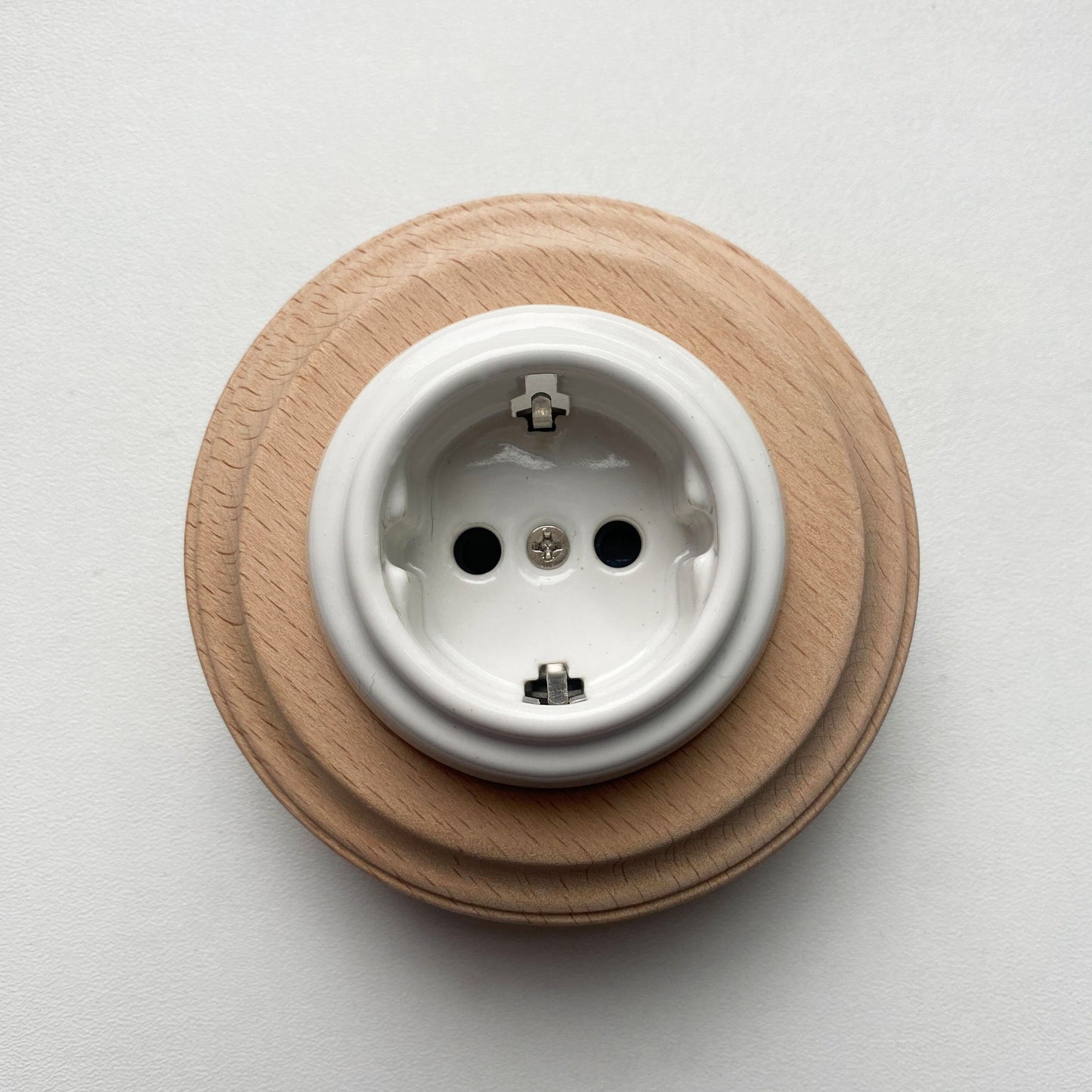 Wooden German Power Socket Porcelain Loft Retro Electrical Flush-Mounting Vintage Cottage Ceramic Natural Beige With White