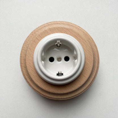 Wooden German Power Socket Porcelain Loft Retro Electrical Flush-Mounting Vintage Cottage Ceramic Natural Beige With White