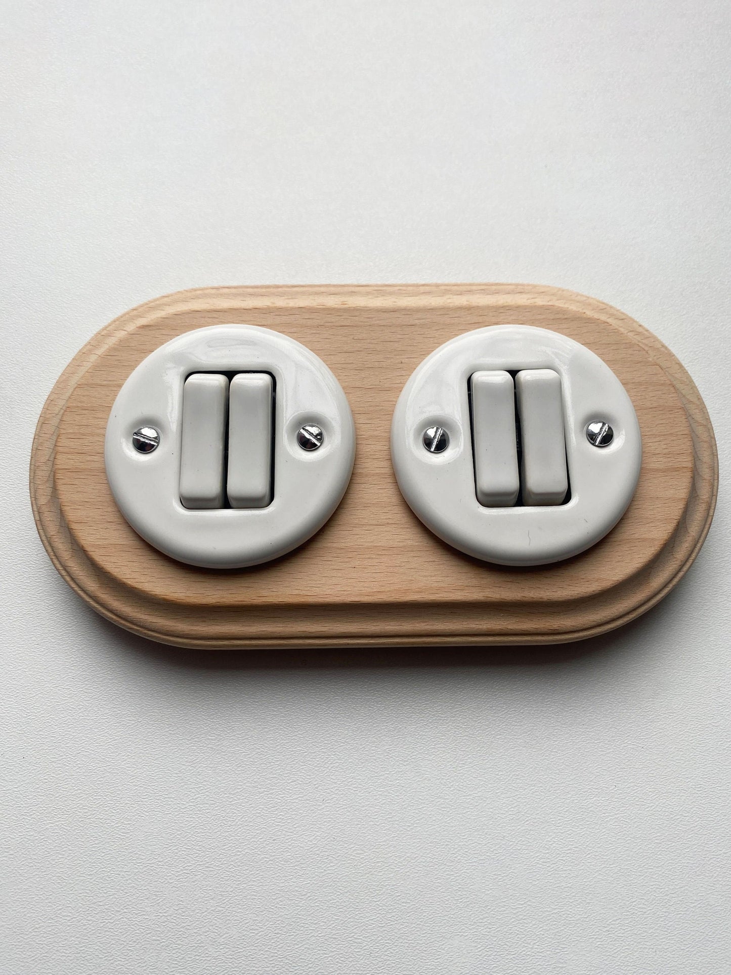 Wooden Frame Double Porcelain Light Switch Loft Retro 2-gang Two-way Flush-Mounting Vintage Cottage Ceramic Natural Beige With White