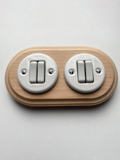 Wooden Frame Double Porcelain Light Switch Loft Retro 2-gang Two-way Flush-Mounting Vintage Cottage Ceramic Natural Beige With White