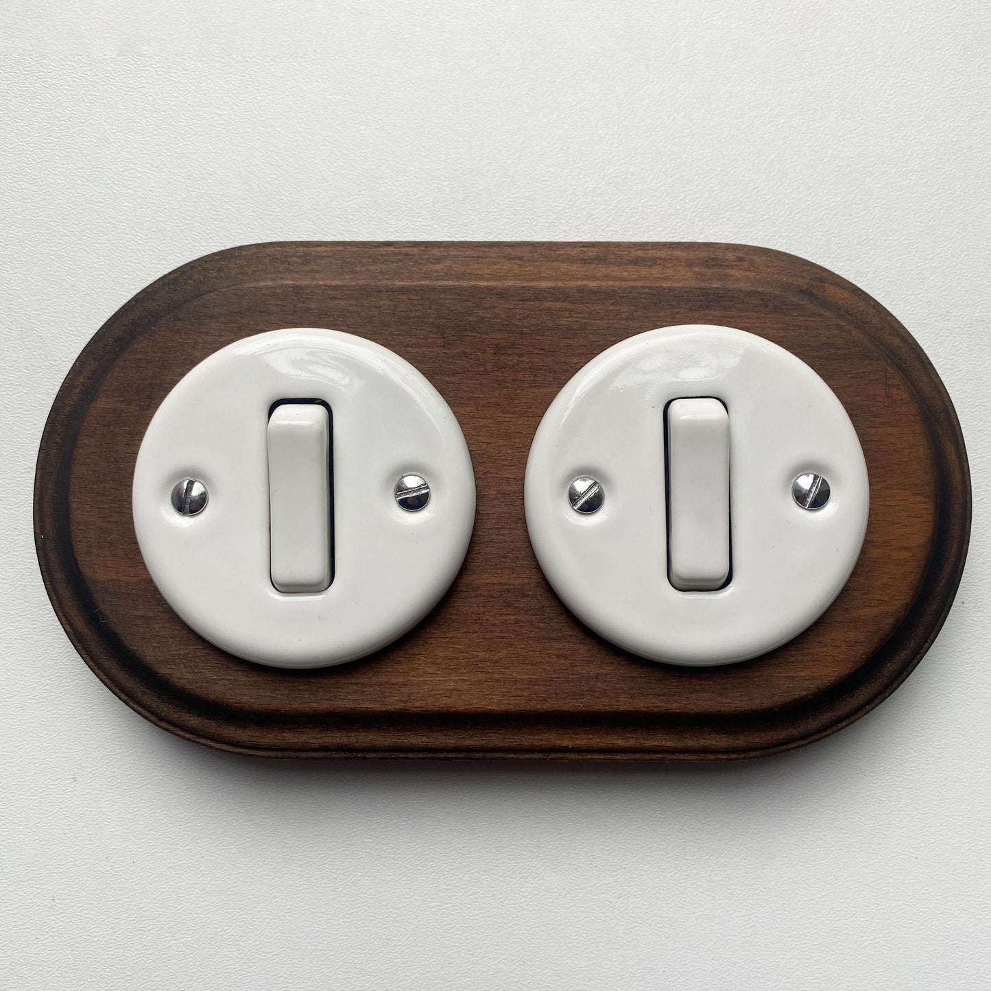 Wooden Frame Double Porcelain Light Switch Loft Retro 1-gang Two-way Flush-Mounting Vintage Cottage Ceramic Dark Brown With White