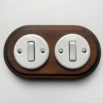 Wooden Frame Double Porcelain Light Switch Loft Retro 1-gang Two-way Flush-Mounting Vintage Cottage Ceramic Dark Brown With White
