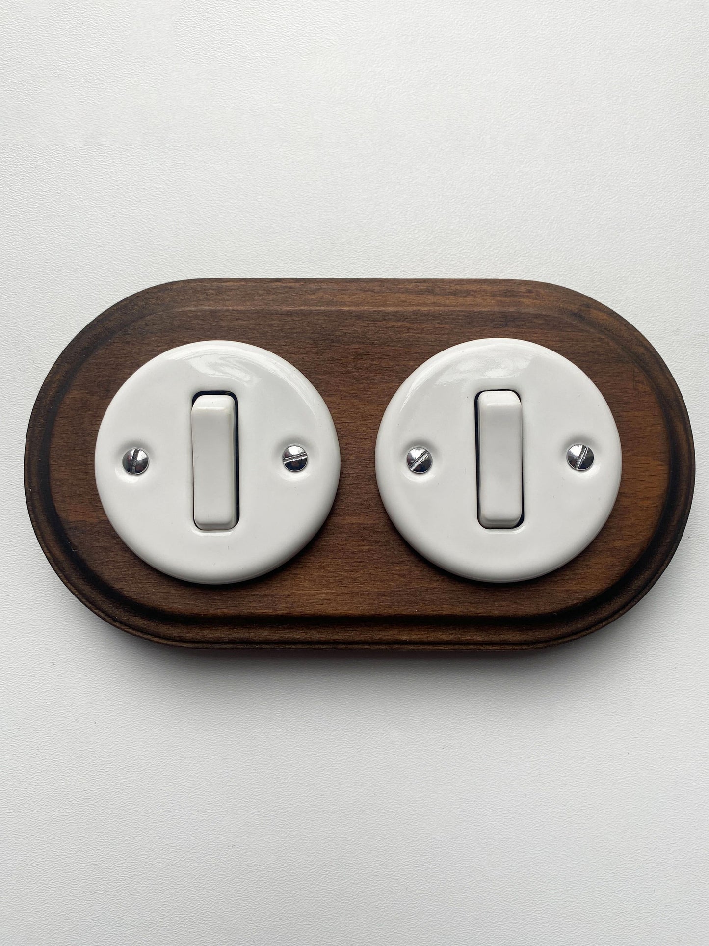 Wooden Frame Double Porcelain Light Switch Loft Retro 1-gang Two-way Flush-Mounting Vintage Cottage Ceramic Dark Brown With White