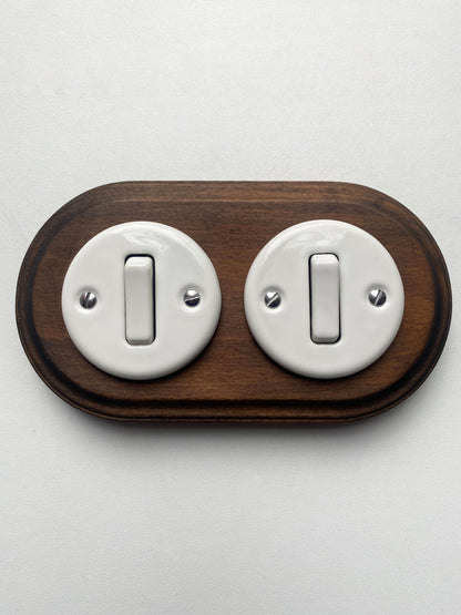 Wooden Frame Double Porcelain Light Switch Loft Retro 1-gang Two-way Flush-Mounting Vintage Cottage Ceramic Dark Brown With White