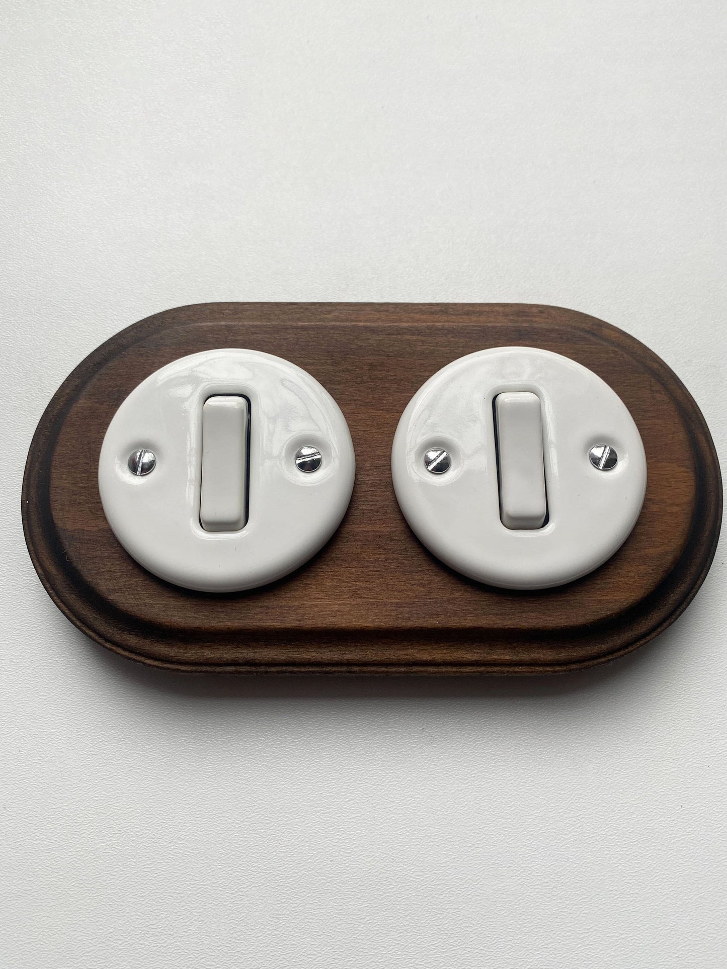 Wooden Frame Double Porcelain Light Switch Loft Retro 1-gang Two-way Flush-Mounting Vintage Cottage Ceramic Dark Brown With White