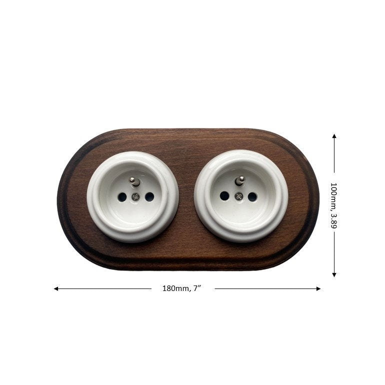 Wooden Frame Double French Power Socket Porcelain Loft Retro Electrical Flush-Mounting Vintage Cottage Ceramic Dark Brown With White
