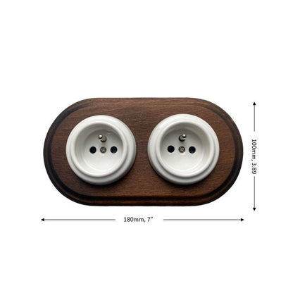 Wooden Frame Double French Power Socket Porcelain Loft Retro Electrical Flush-Mounting Vintage Cottage Ceramic Dark Brown With White