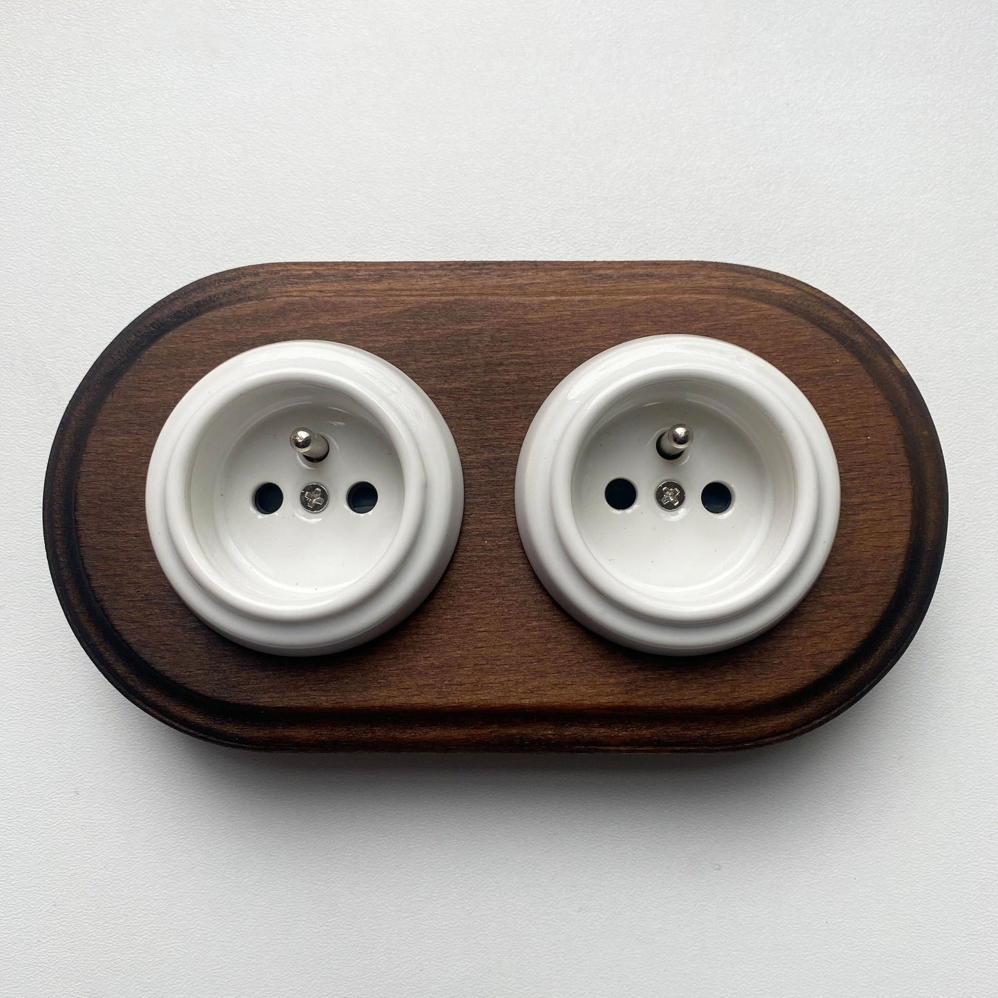 Wooden Frame Double French Power Socket Porcelain Loft Retro Electrical Flush-Mounting Vintage Cottage Ceramic Dark Brown With White
